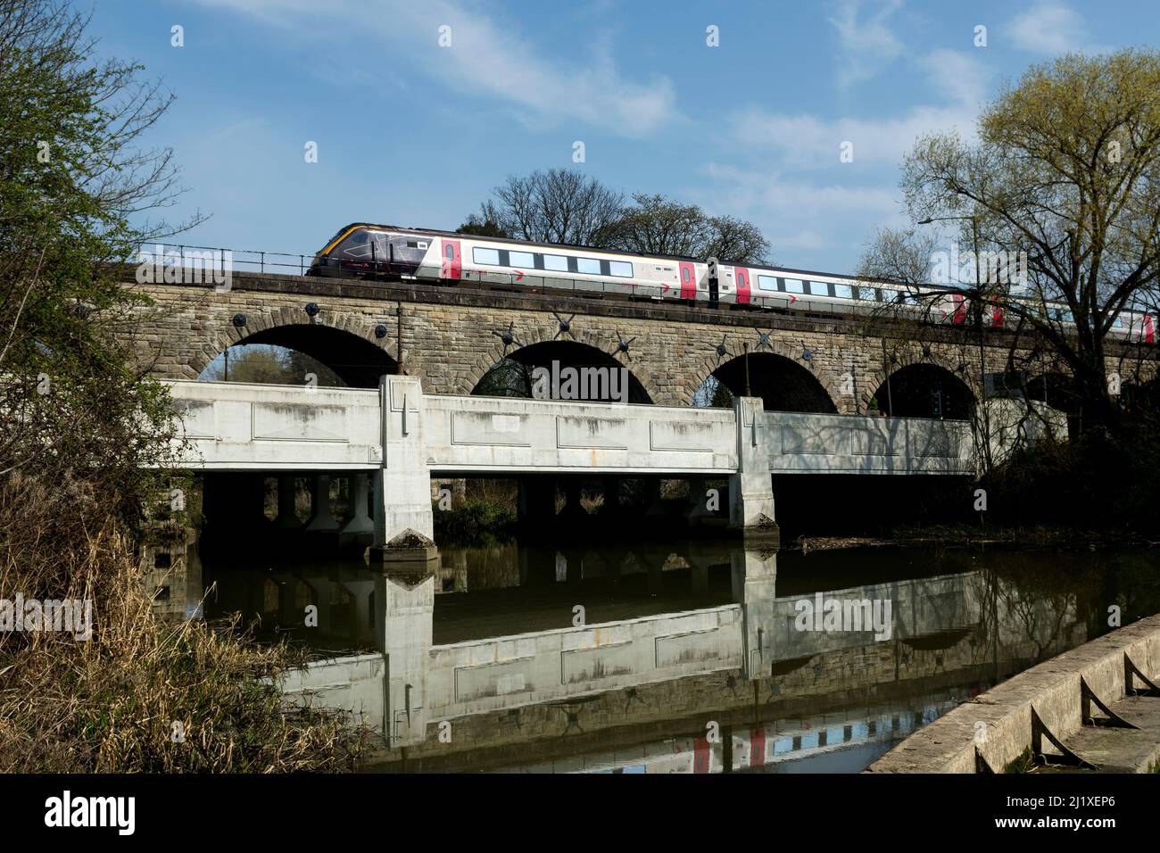An Arriva CrossCountry Voyager train crossing the Prince`s Drive Viaduct over the River Leam